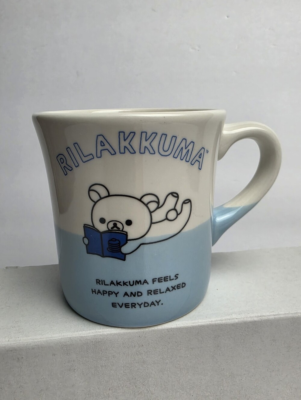 Rilakkuma Mug San-X Feels Happy and Relaxed Everyday Blue White Ceramic 10 oz.